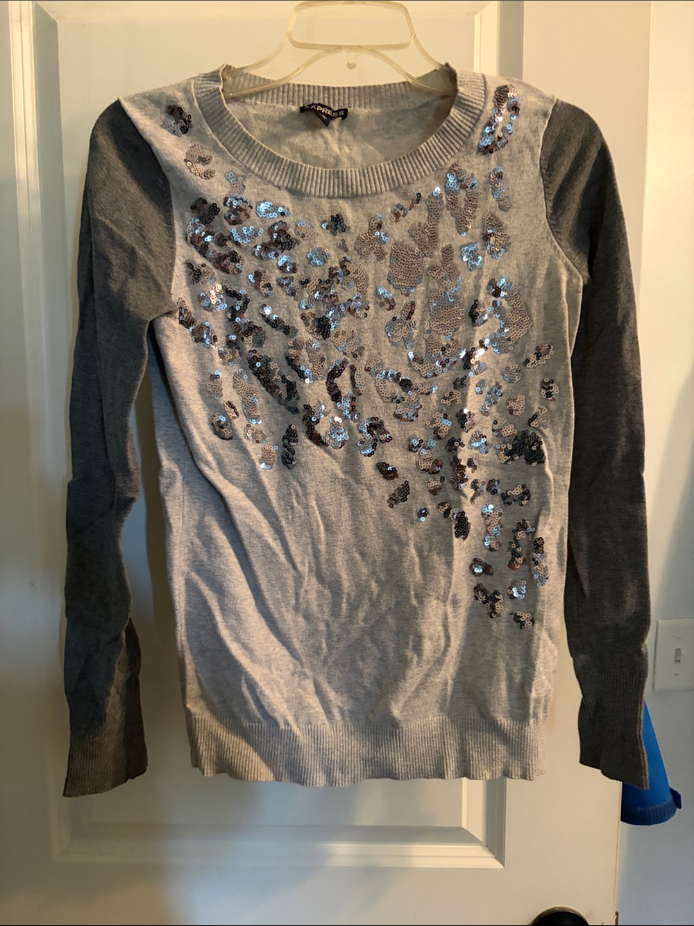 Express Gray Sequin-Embellished Crewneck Sweater
